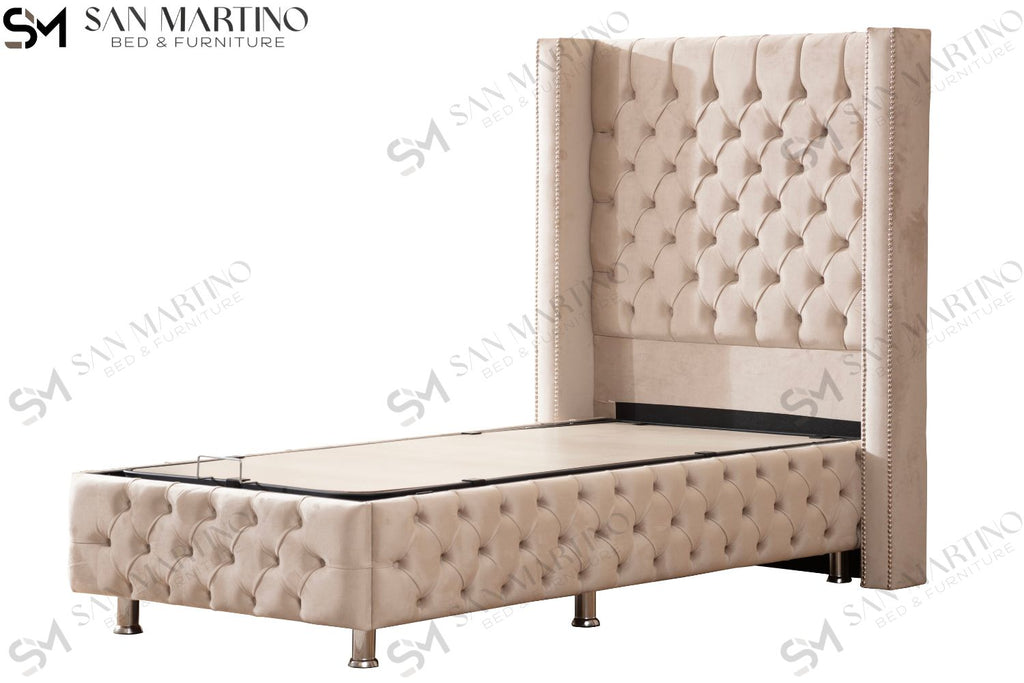 Lit Coffre Enfant CLOUTE Velours Beige